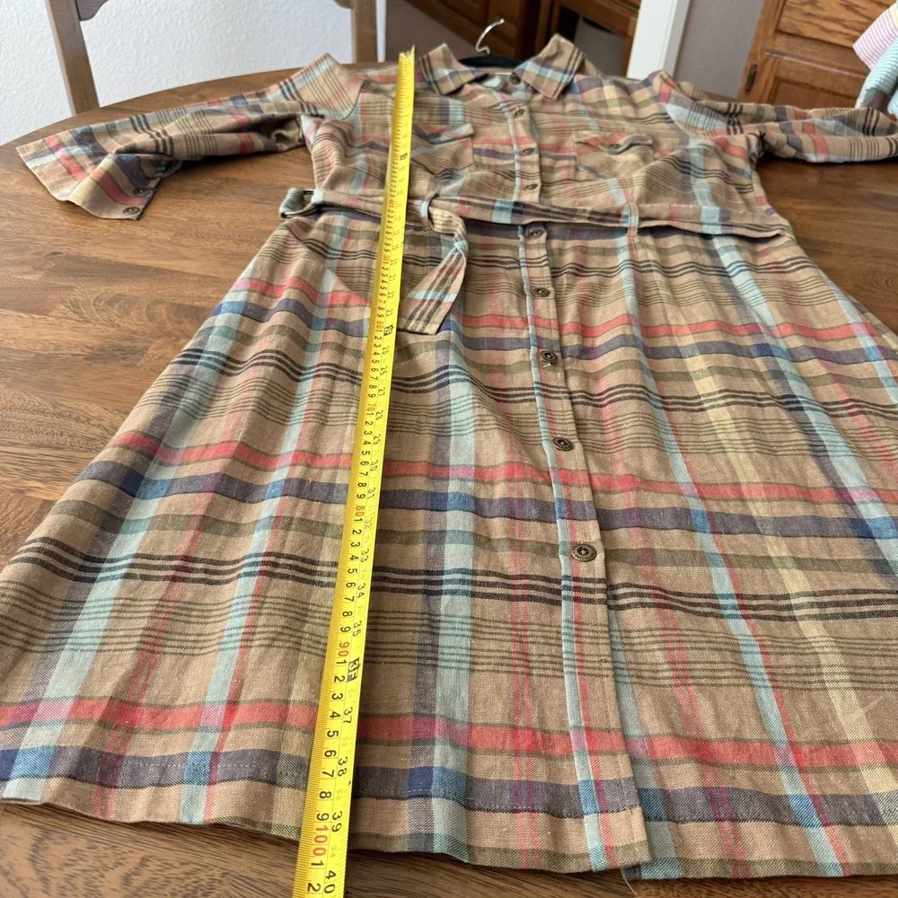 Vtg White Stag Dress 12 Plaid Midi Shirtdress Linen Blend Belt Button Front Y2K - Picture 7 of 16